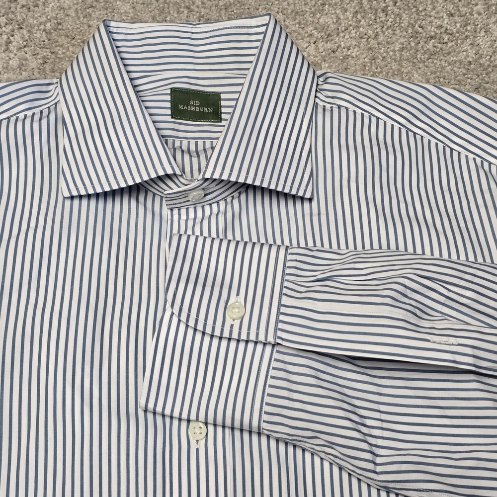 Sid Mashburn Men's Dress Shirt 16.5 34 Blue White Stripe 100% Cotton Long Sleeve